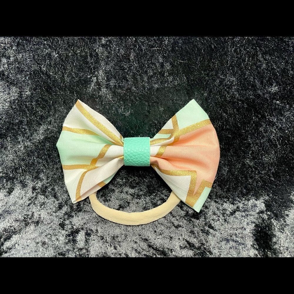 Handmade Geometric teal, pink and gold Bow